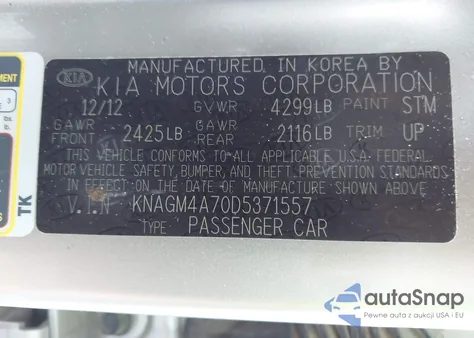 2013 Kia Optima Lx из США, поврежденный, VIN KNAGM4A70D5371557